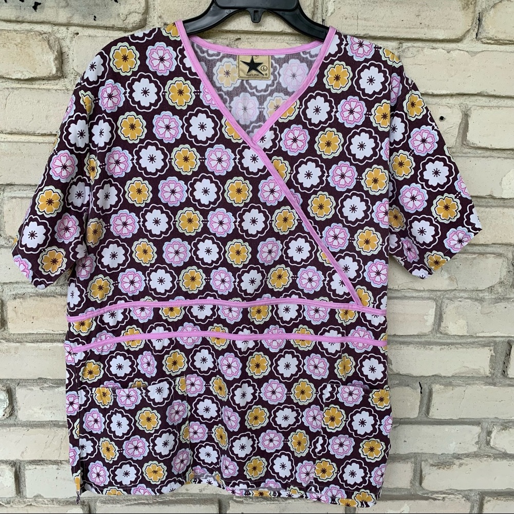 Black star floral medical scrubs top with flowers